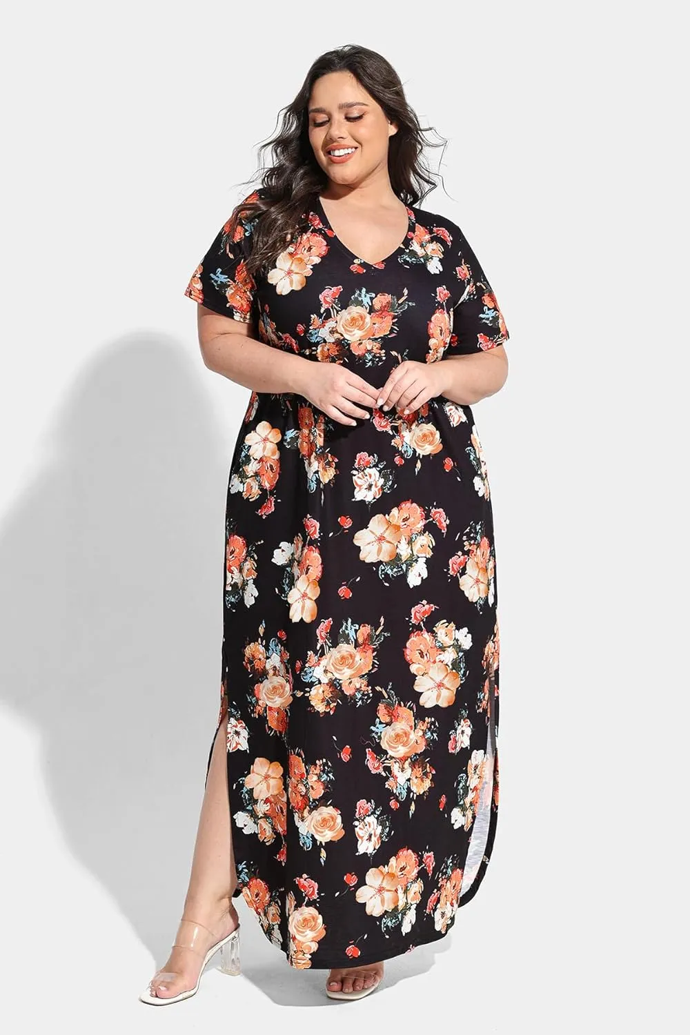 RITERA Plus Size Dresses for Women V Neck Casual Loose Pocket Short Sleeve Slits Maxi T Shirt Dress Summer Sundress XL-5XL