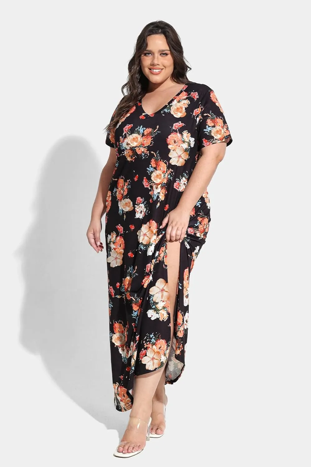 RITERA Plus Size Dresses for Women V Neck Casual Loose Pocket Short Sleeve Slits Maxi T Shirt Dress Summer Sundress XL-5XL