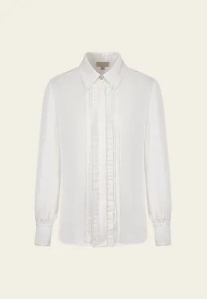 Ruffle-detail Lace-trim Crystal Button Blouse