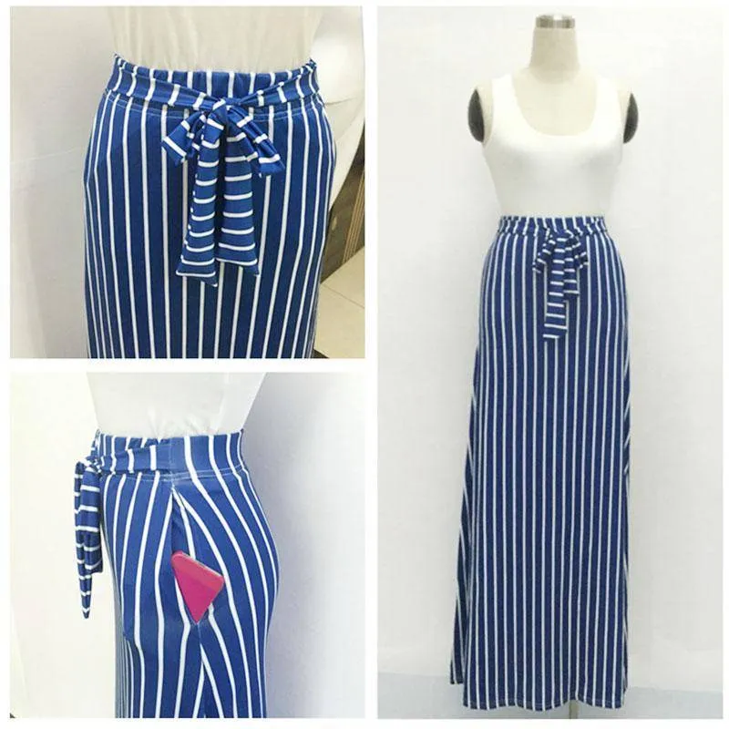 S- XL, Make yourself Look Taller and Slimmer!  Long Vertical striped Boho Skirt with side pockets