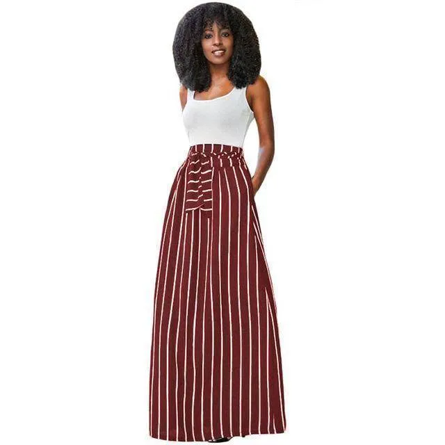S- XL, Make yourself Look Taller and Slimmer!  Long Vertical striped Boho Skirt with side pockets