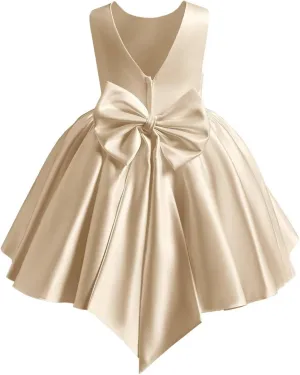 Satin Flower Girl Dress Knee Length Short First Communion Dresses for Girls Kids Bow-Knot Princess Birthday Gowns