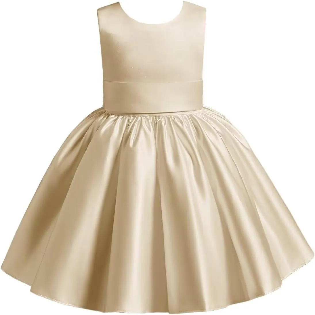 Satin Flower Girl Dress Knee Length Short First Communion Dresses for Girls Kids Bow-Knot Princess Birthday Gowns