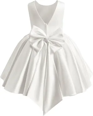 Satin Flower Girl Dress Knee Length Short First Communion Dresses for Girls Kids Bow-Knot Princess Birthday Gowns
