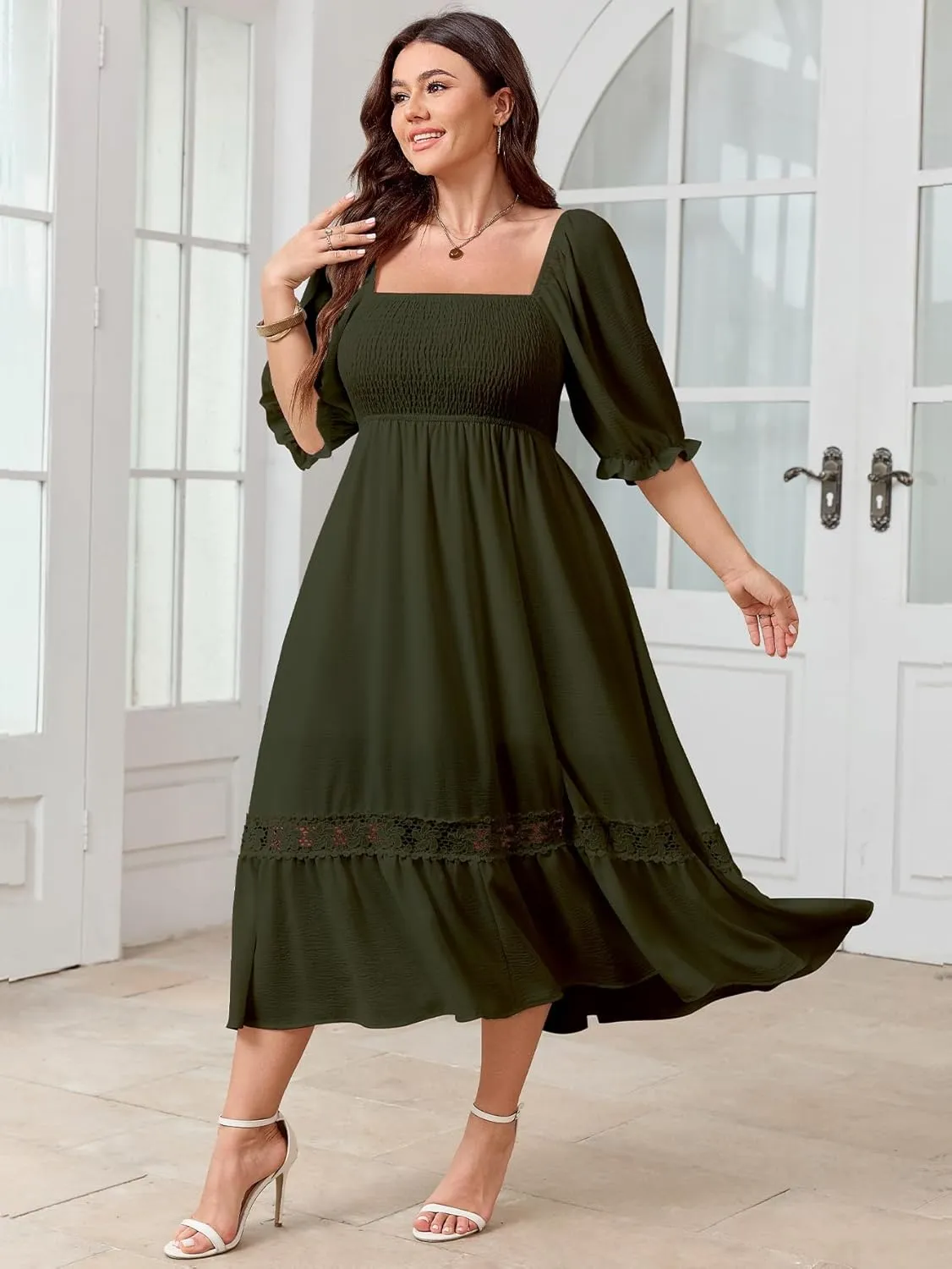 SCOMCHIC Women's Plus Size Maxi Dress Short Sleeve Square Neck Smocked Flowy A-Line Lace Trim Boho Wedding Guest Dresses