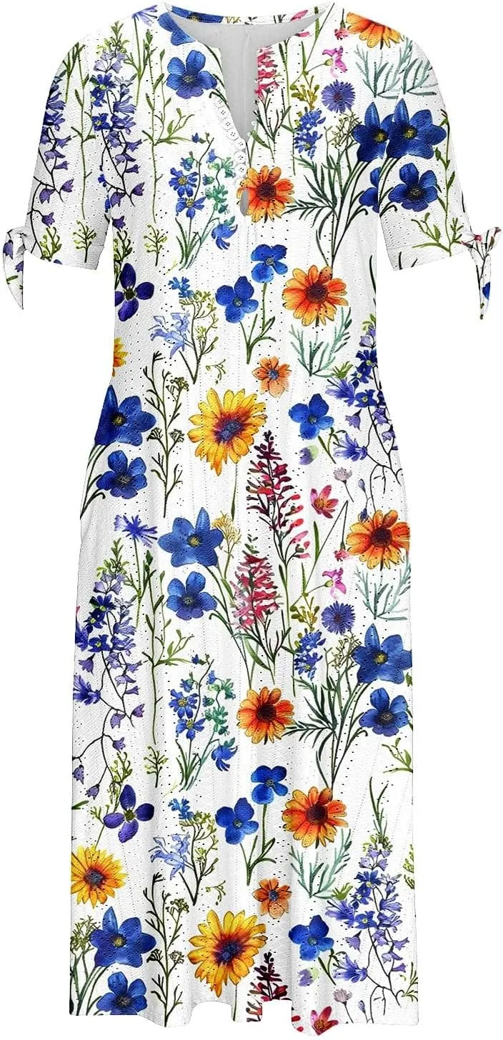 Short Sleeve Summer Dresses for Women 2025 Button V Neck Eyelet Beach Boho Vacation Maxi Sundress with Pockets