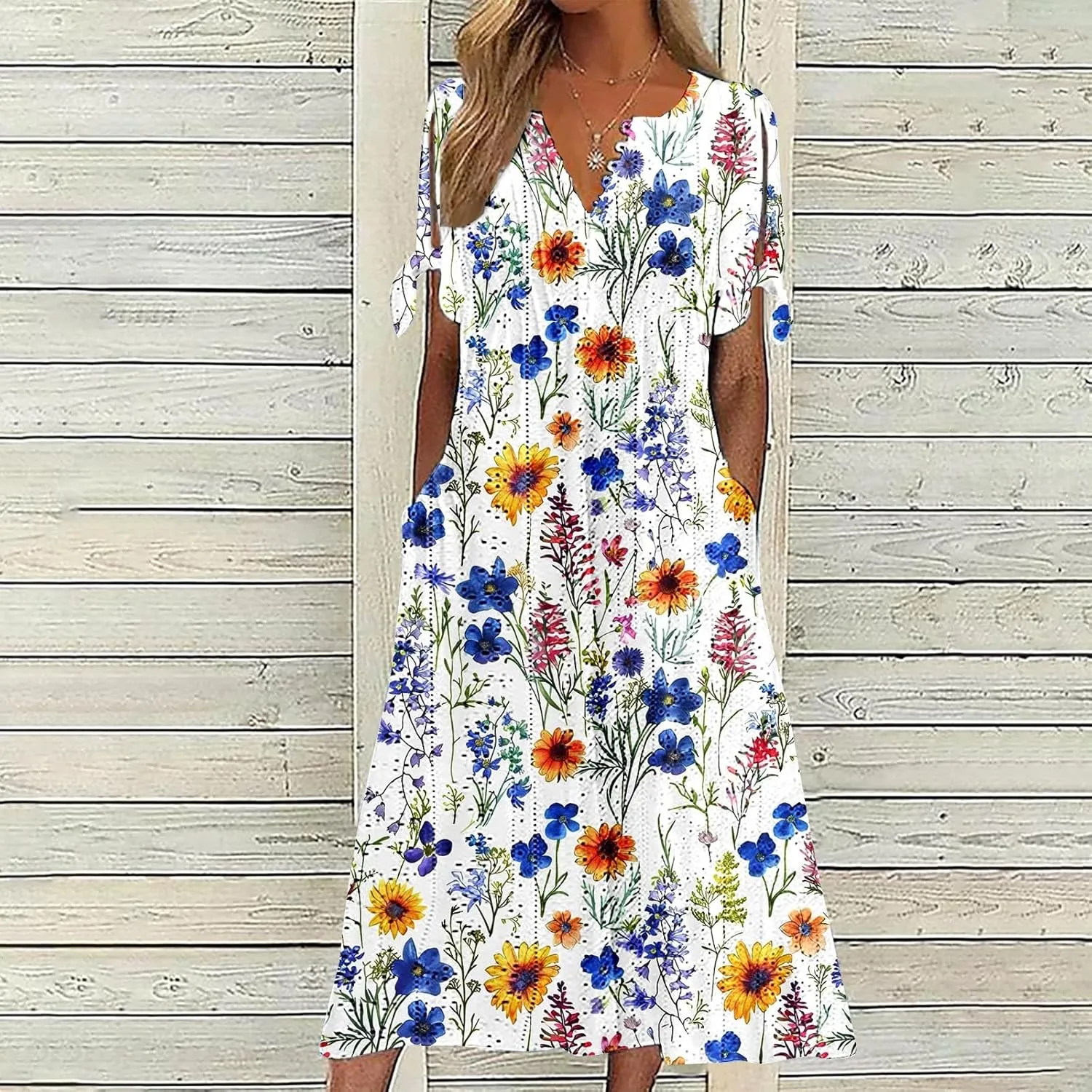 Short Sleeve Summer Dresses for Women 2025 Button V Neck Eyelet Beach Boho Vacation Maxi Sundress with Pockets