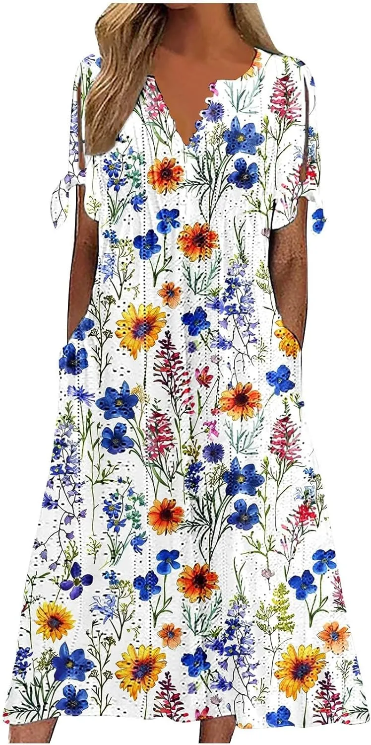 Short Sleeve Summer Dresses for Women 2025 Button V Neck Eyelet Beach Boho Vacation Maxi Sundress with Pockets