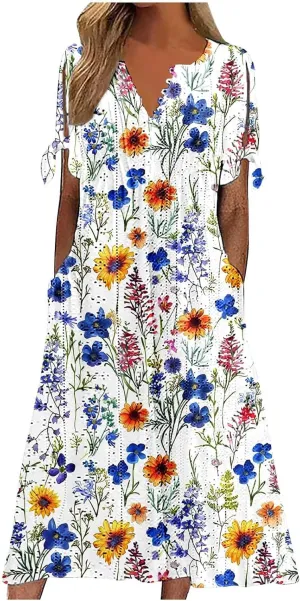 Short Sleeve Summer Dresses for Women 2025 Button V Neck Eyelet Beach Boho Vacation Maxi Sundress with Pockets