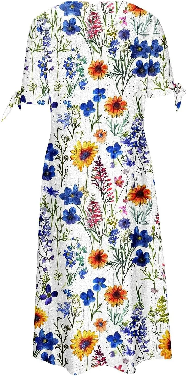 Short Sleeve Summer Dresses for Women 2025 Button V Neck Eyelet Beach Boho Vacation Maxi Sundress with Pockets