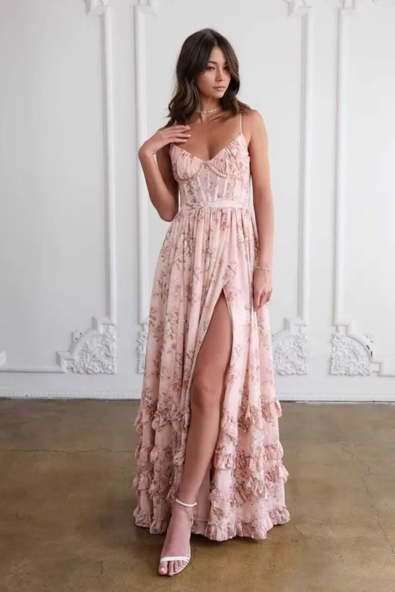 SHSUREVE Floral Print Prom Dresses for Women Ruffle Chiffon Evening Dress Tiered Long Formal Gowns with Slit