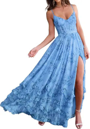 SHSUREVE Floral Print Prom Dresses for Women Ruffle Chiffon Evening Dress Tiered Long Formal Gowns with Slit