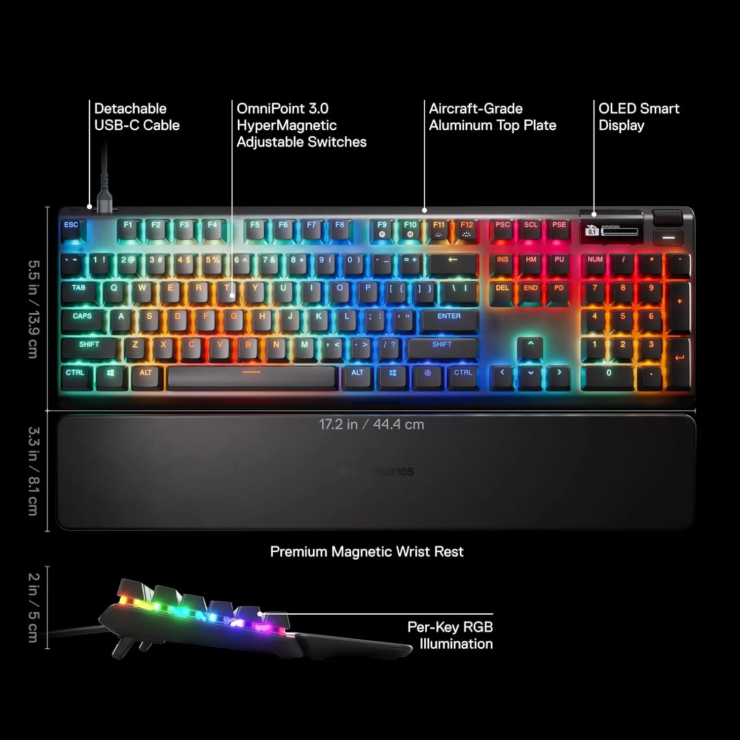 SteelSeries Apex Pro Gen 3 OmniPoint 3.0 HyperMagnetic Switches  Adjustable Actuation  Rapid Trigger  Game-Ready Presets  Protection Mode  Rapid Tap/SOCD  OLED  RGB  PBT Keycaps  USB-C