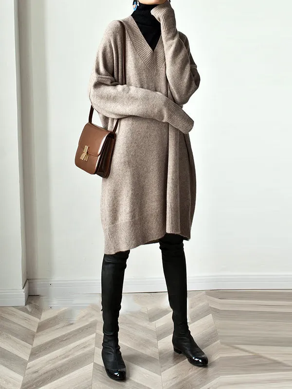 Stylish Long Sleeves Loose Solid Color V-Neck Sweater Dresses
