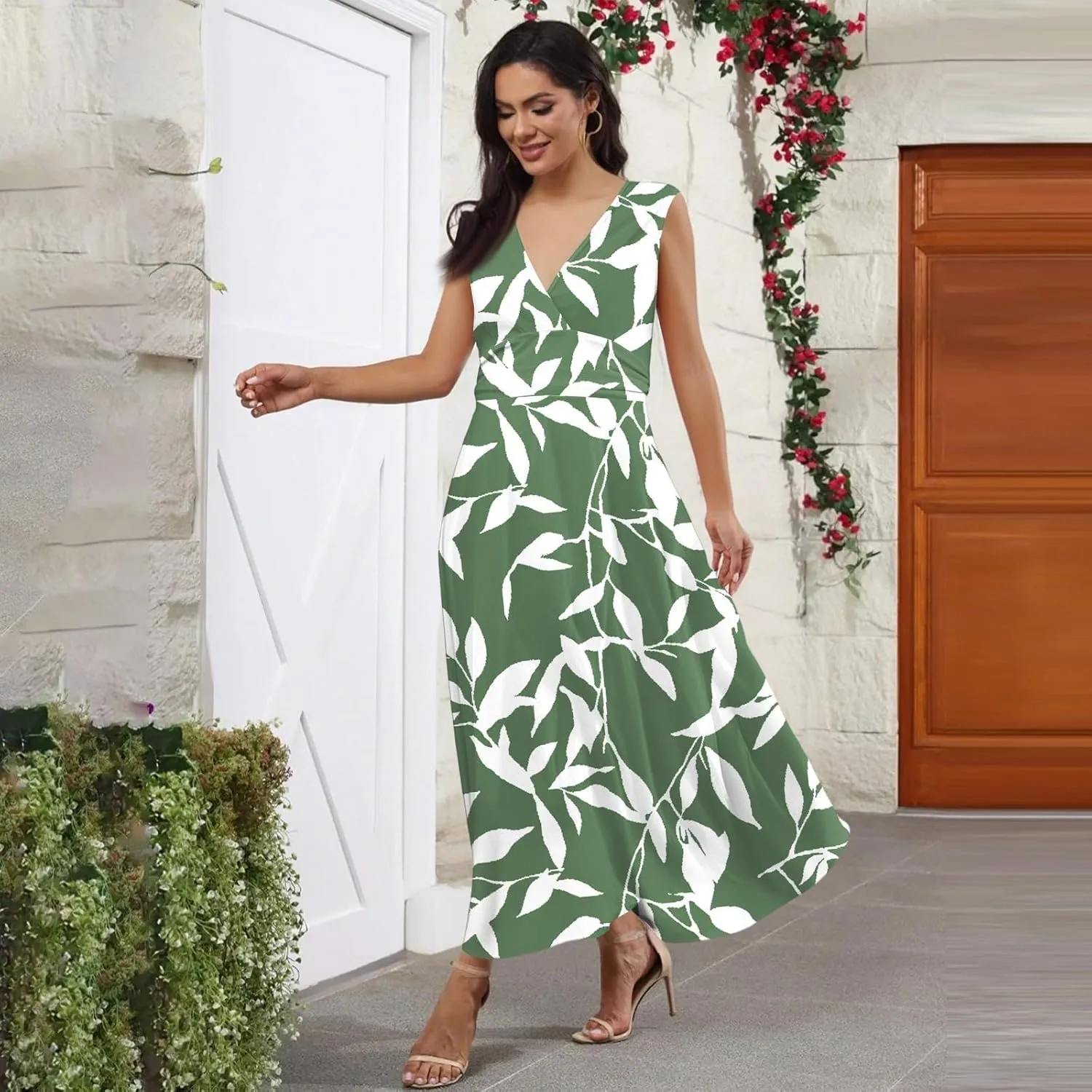Summer Maxi Dresses for Women 2025 Trendy Elegant Sleeveless Deep V Neck Wrap Sundresses Boho Beach Flowy Long Dress