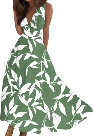 Summer Maxi Dresses for Women 2025 Trendy Elegant Sleeveless Deep V Neck Wrap Sundresses Boho Beach Flowy Long Dress