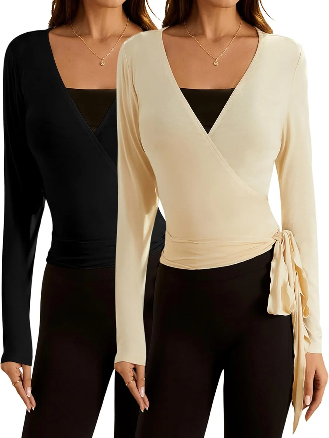 SweatyRocks Women's 2 Pack Long Sleeve Ballet Pilates Yoga Wrap Shirts Tie Front Workout Tops