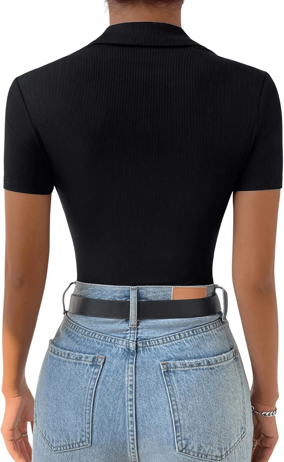 SweatyRocks Women's Short Sleeve Polo Shirt Bodysuit Ribbed Half Button Collared Leotards