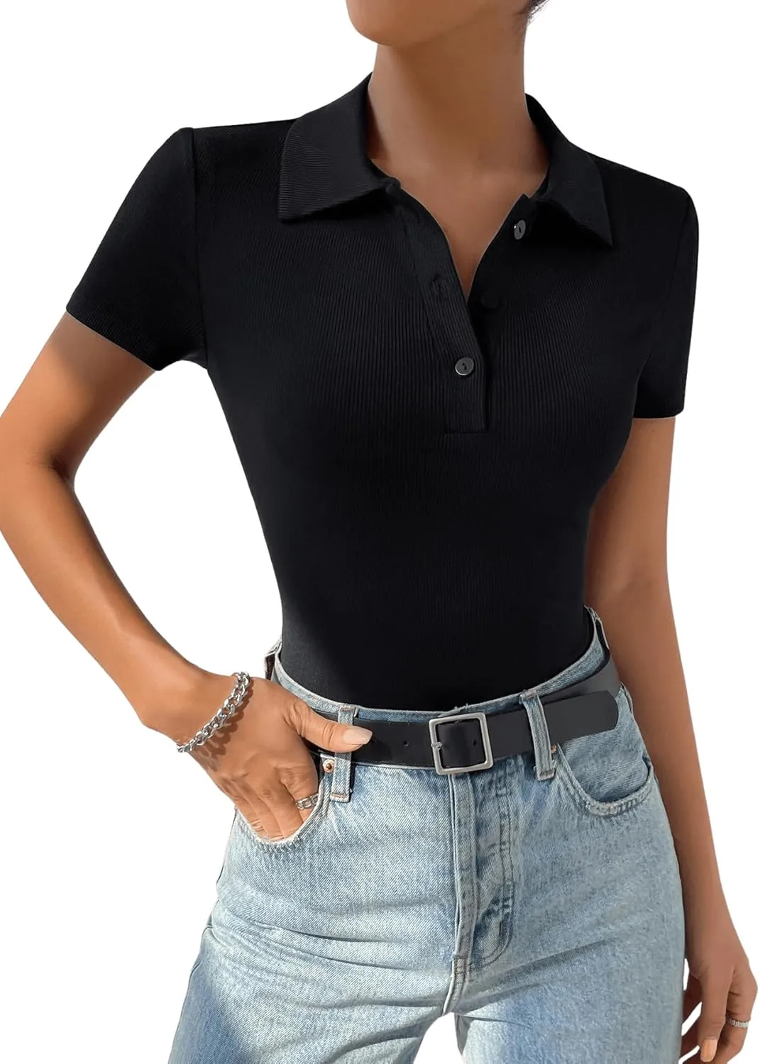 SweatyRocks Women's Short Sleeve Polo Shirt Bodysuit Ribbed Half Button Collared Leotards