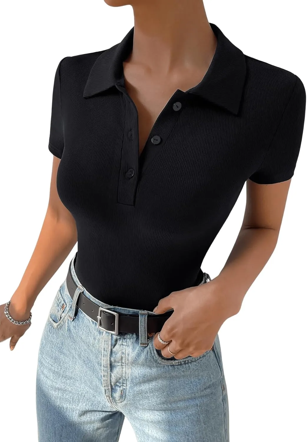 SweatyRocks Women's Short Sleeve Polo Shirt Bodysuit Ribbed Half Button Collared Leotards