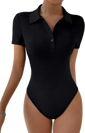 SweatyRocks Women's Short Sleeve Polo Shirt Bodysuit Ribbed Half Button Collared Leotards
