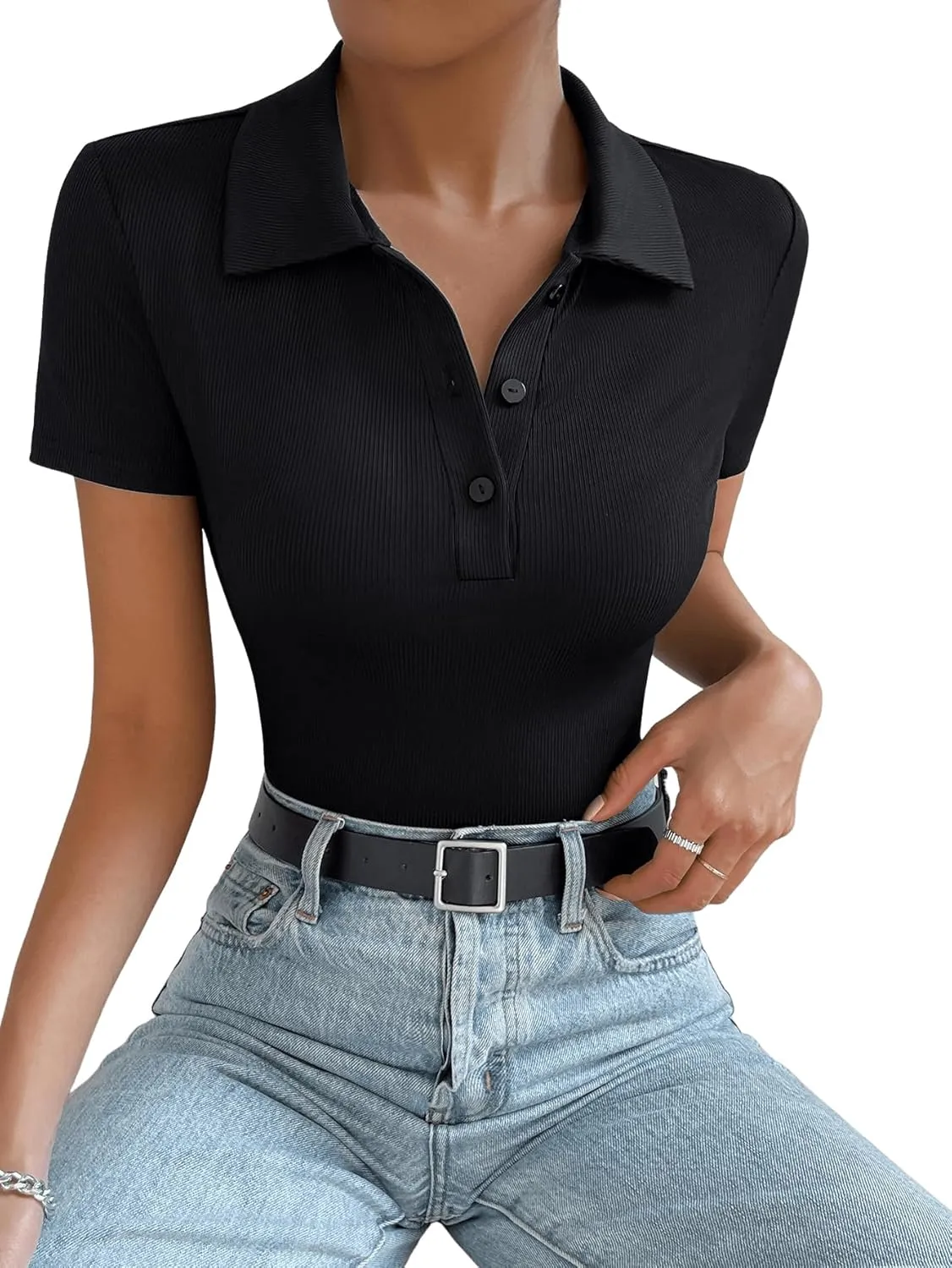SweatyRocks Women's Short Sleeve Polo Shirt Bodysuit Ribbed Half Button Collared Leotards