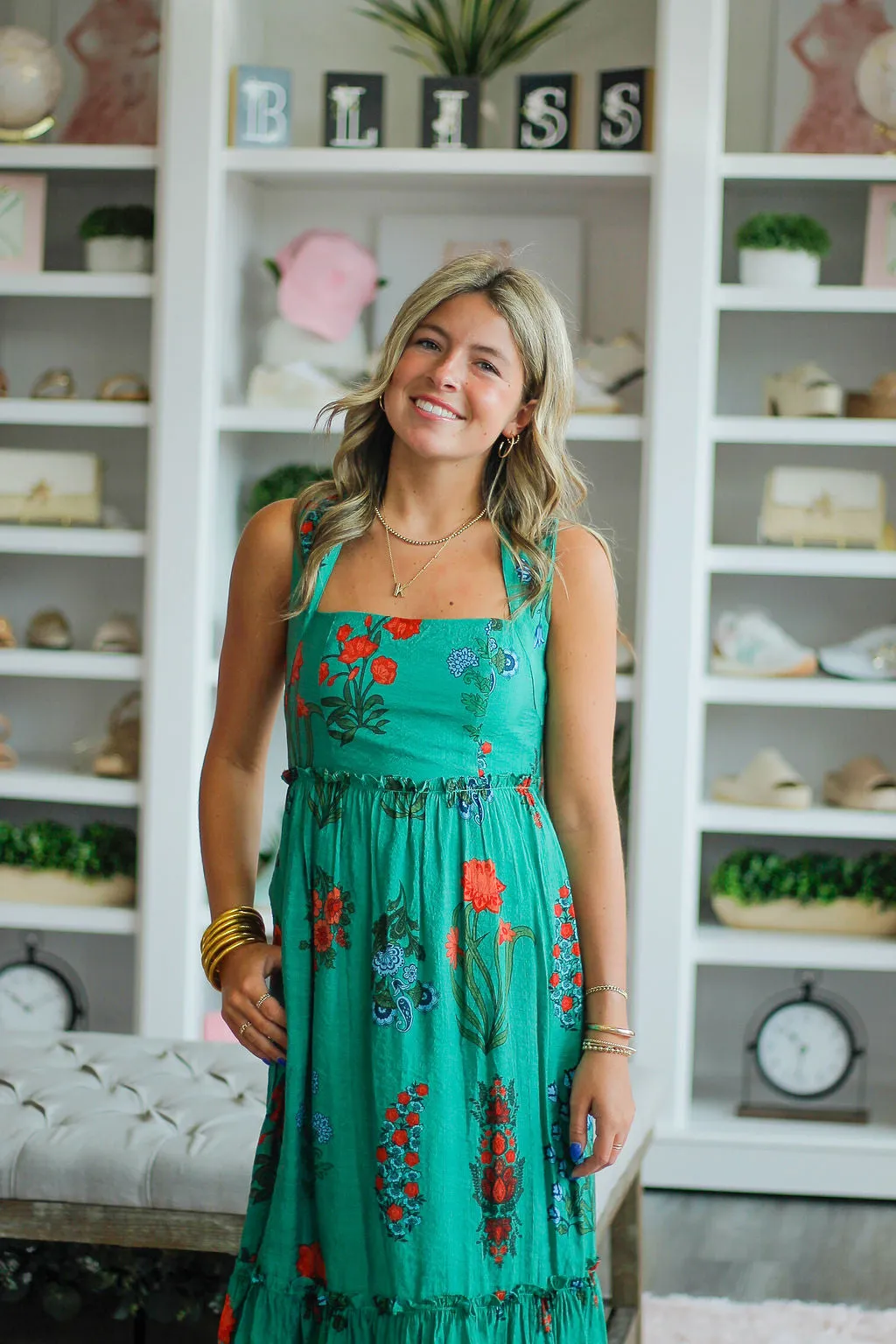 Tiered Green Flower Print Dress