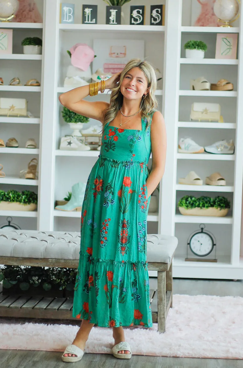 Tiered Green Flower Print Dress