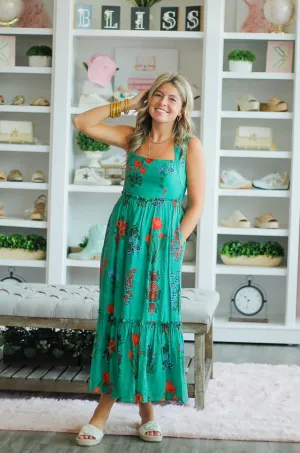 Tiered Green Flower Print Dress
