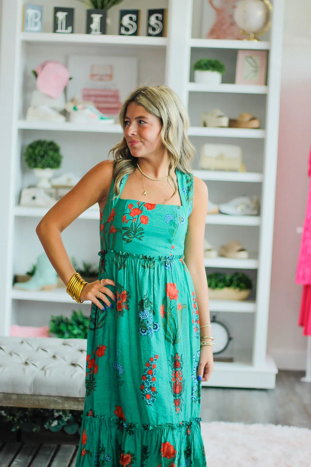 Tiered Green Flower Print Dress