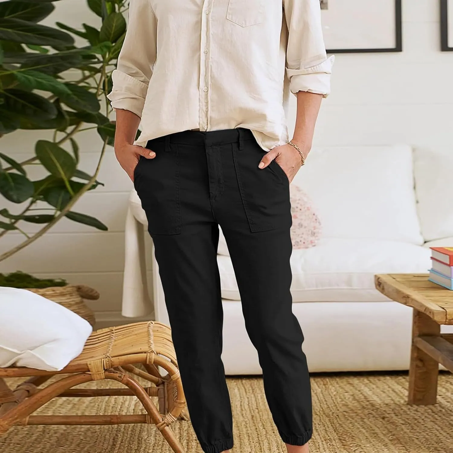 Trendy Jogger Pant for Women Elastic Waist Office Work Travel Party Trouser Daily Regular Slim Fit Cuffed Casual Pant