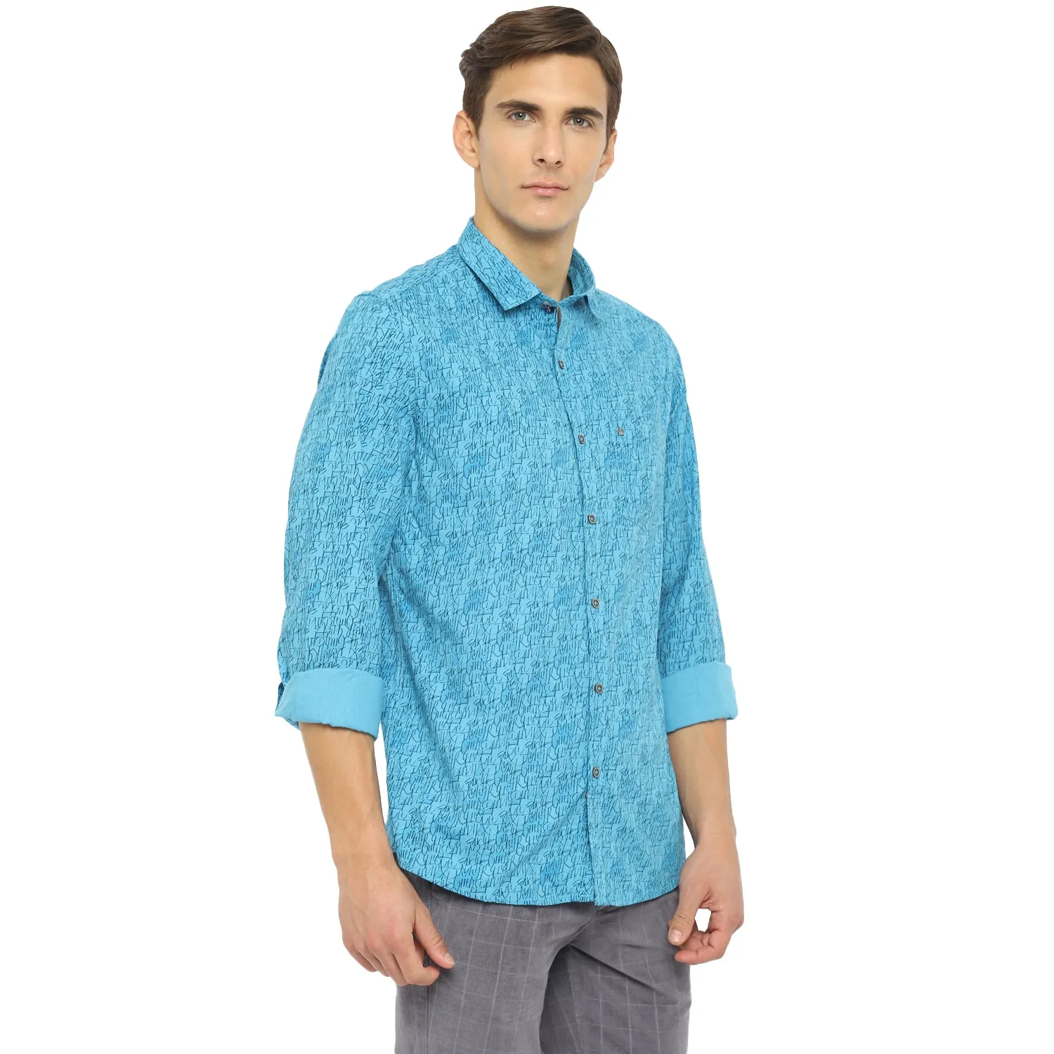 Turtle Men Blue Cotton Printed Slim Fit Shirts