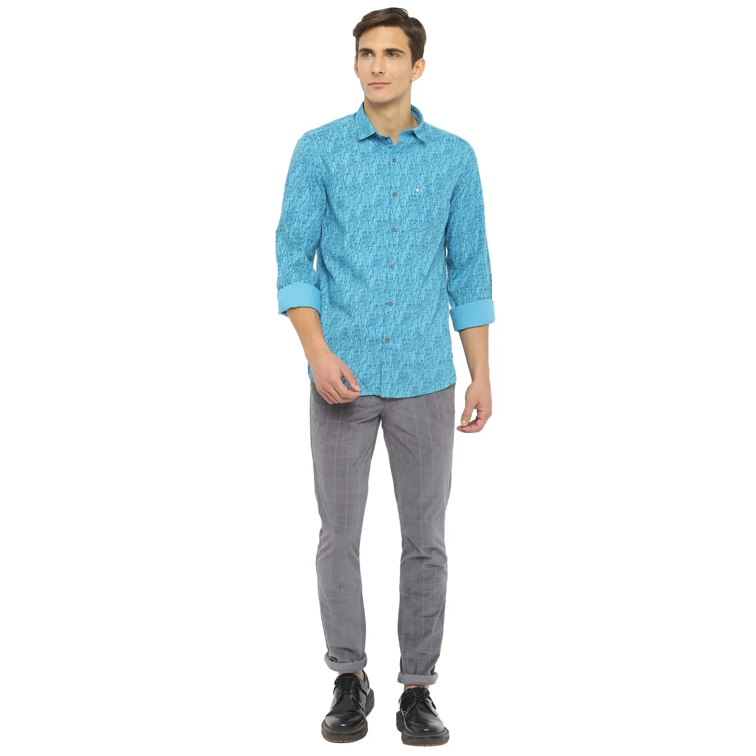 Turtle Men Blue Cotton Printed Slim Fit Shirts