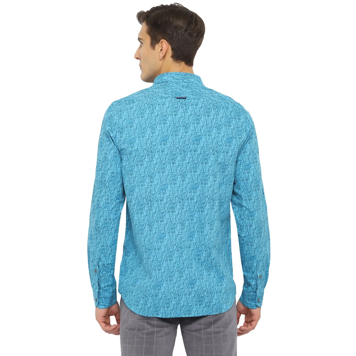 Turtle Men Blue Cotton Printed Slim Fit Shirts