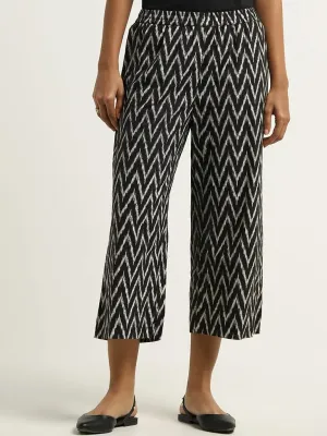 Utsa Black Ikat Printed Blended Linen Palazzos