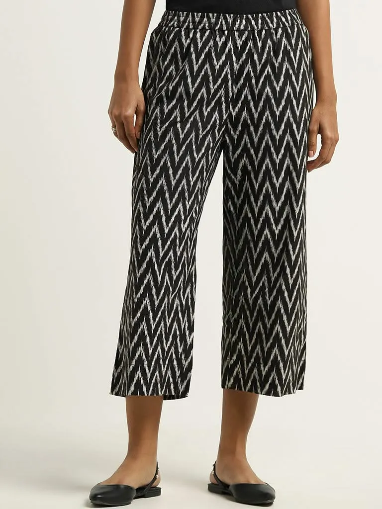 Utsa Black Ikat Printed Blended Linen Palazzos