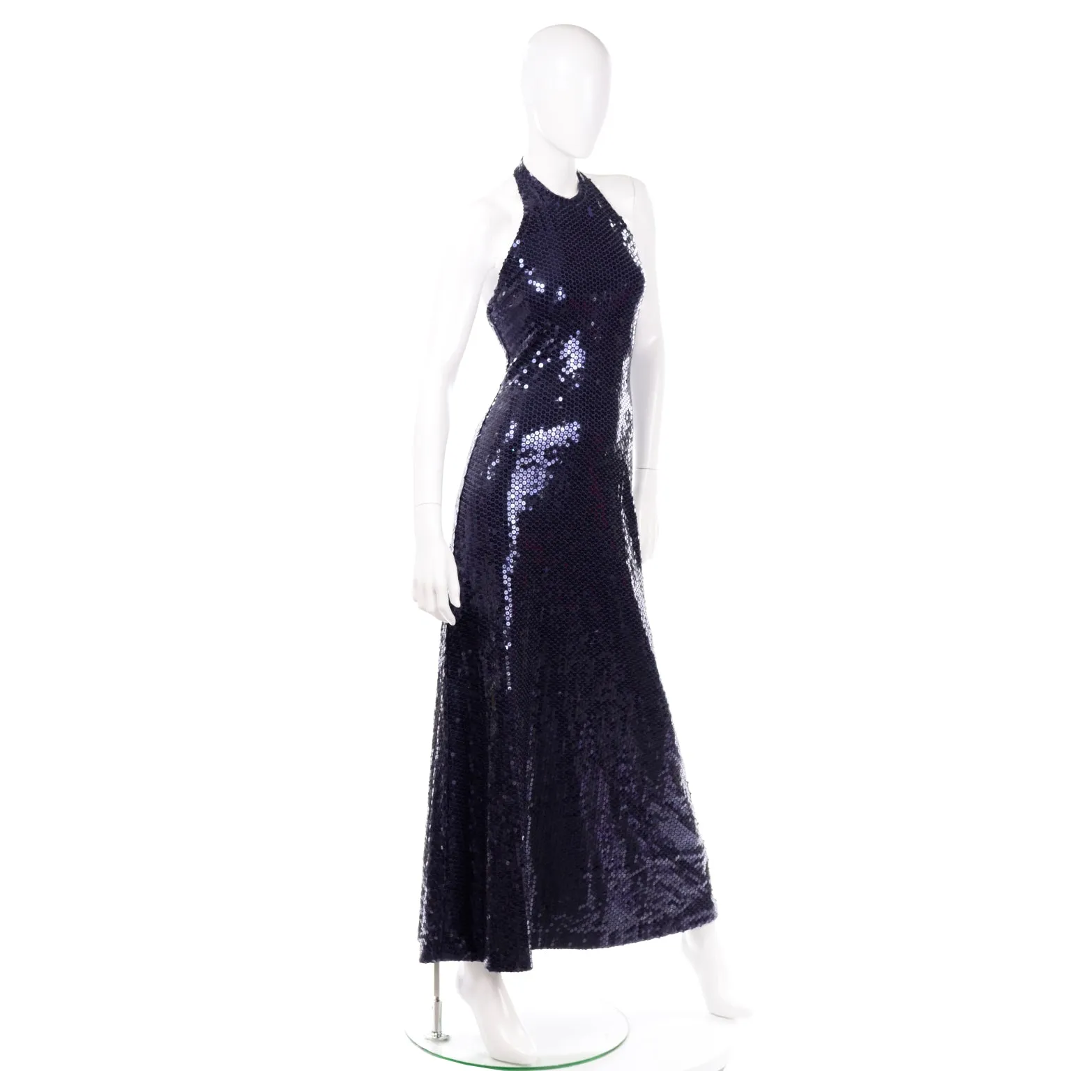 Vintage 1970s Blue Sequin Halter Evening Dress by Harold Levine