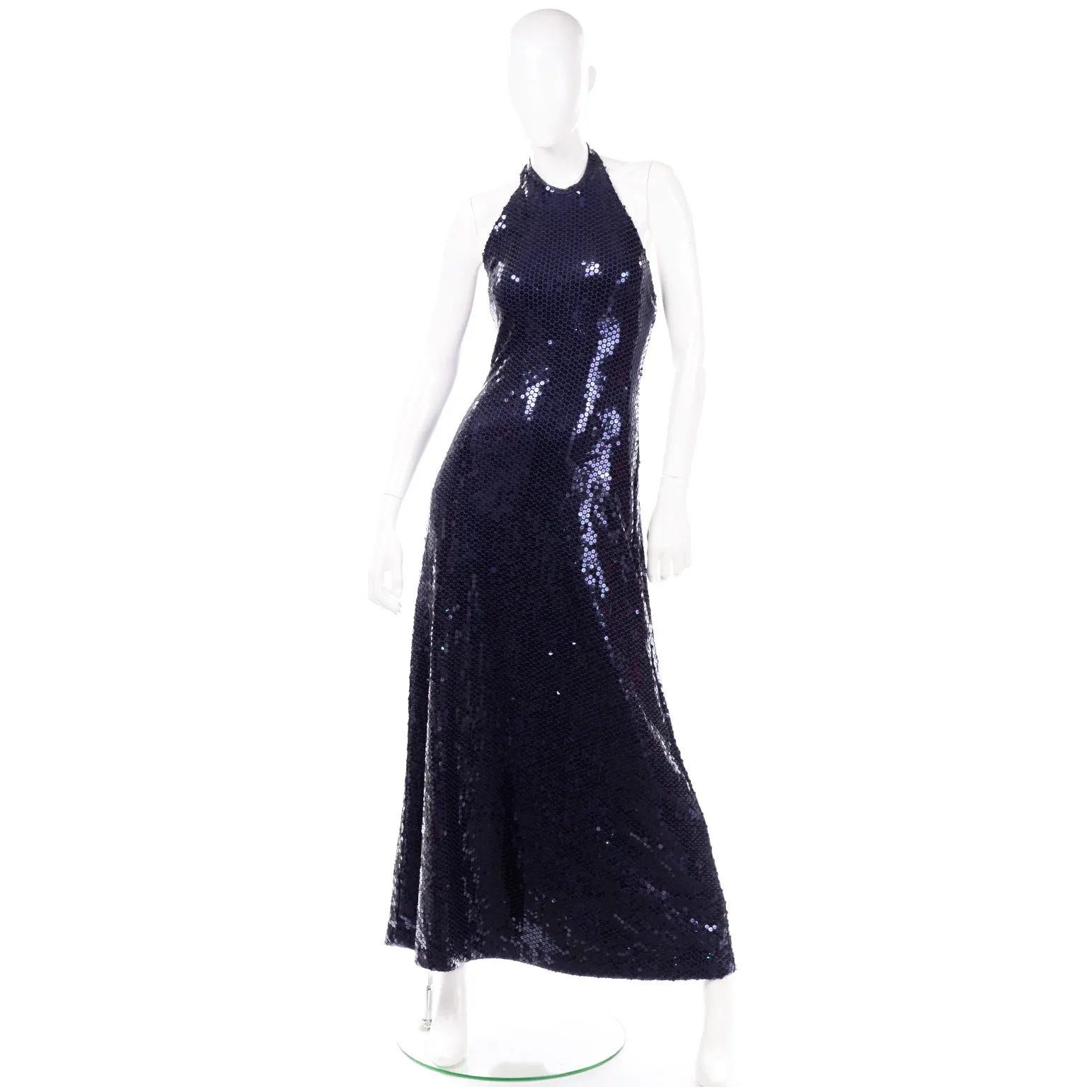 Vintage 1970s Blue Sequin Halter Evening Dress by Harold Levine