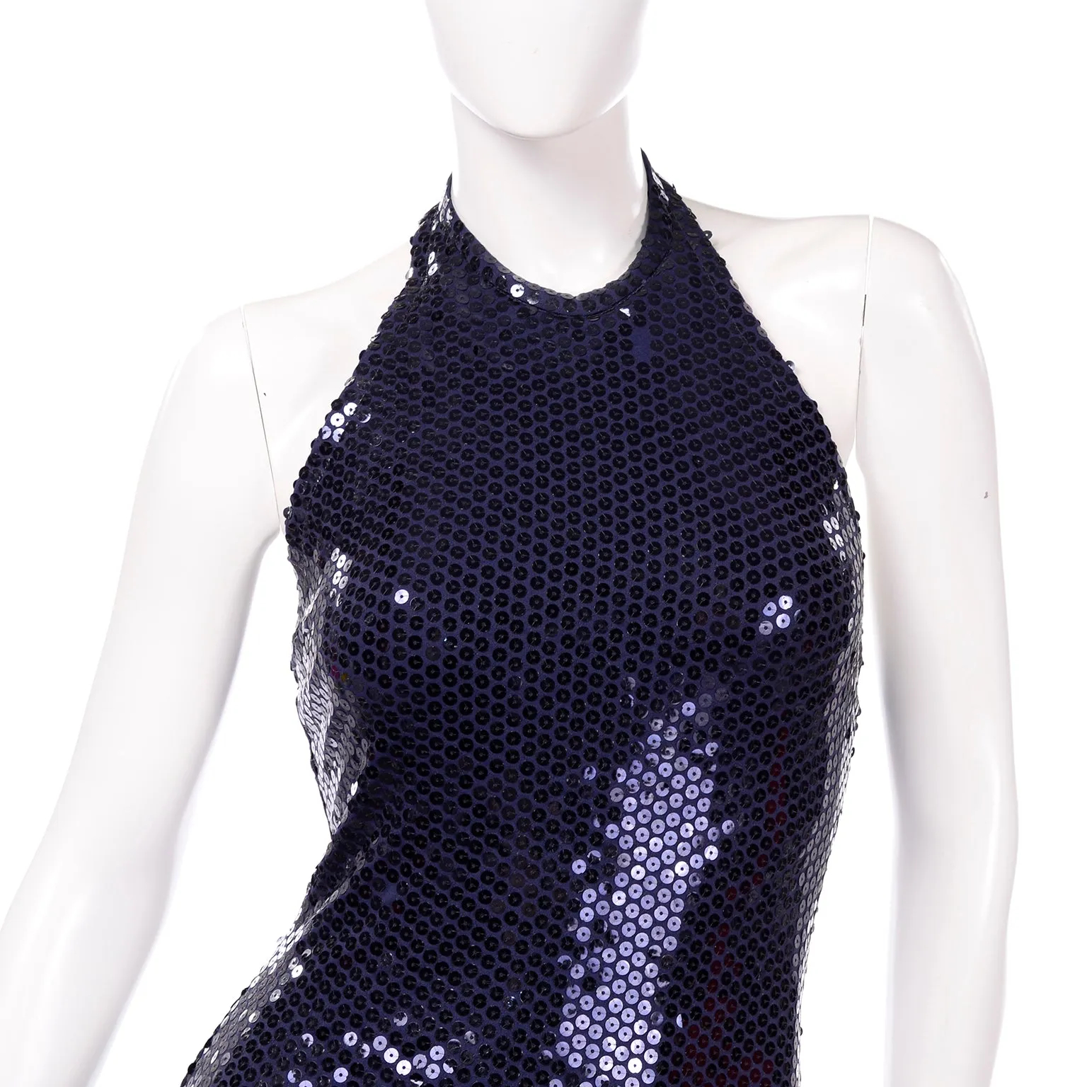 Vintage 1970s Blue Sequin Halter Evening Dress by Harold Levine
