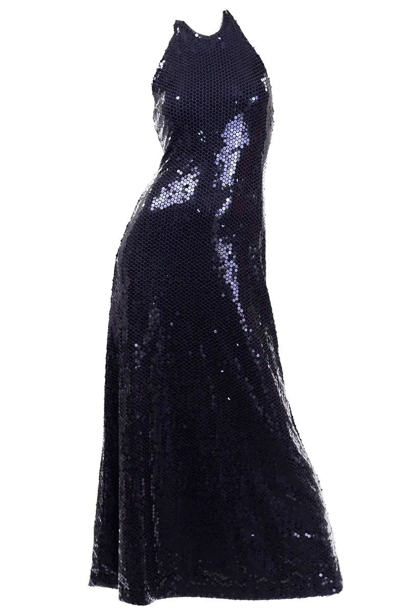 Vintage 1970s Blue Sequin Halter Evening Dress by Harold Levine