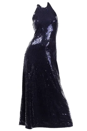 Vintage 1970s Blue Sequin Halter Evening Dress by Harold Levine