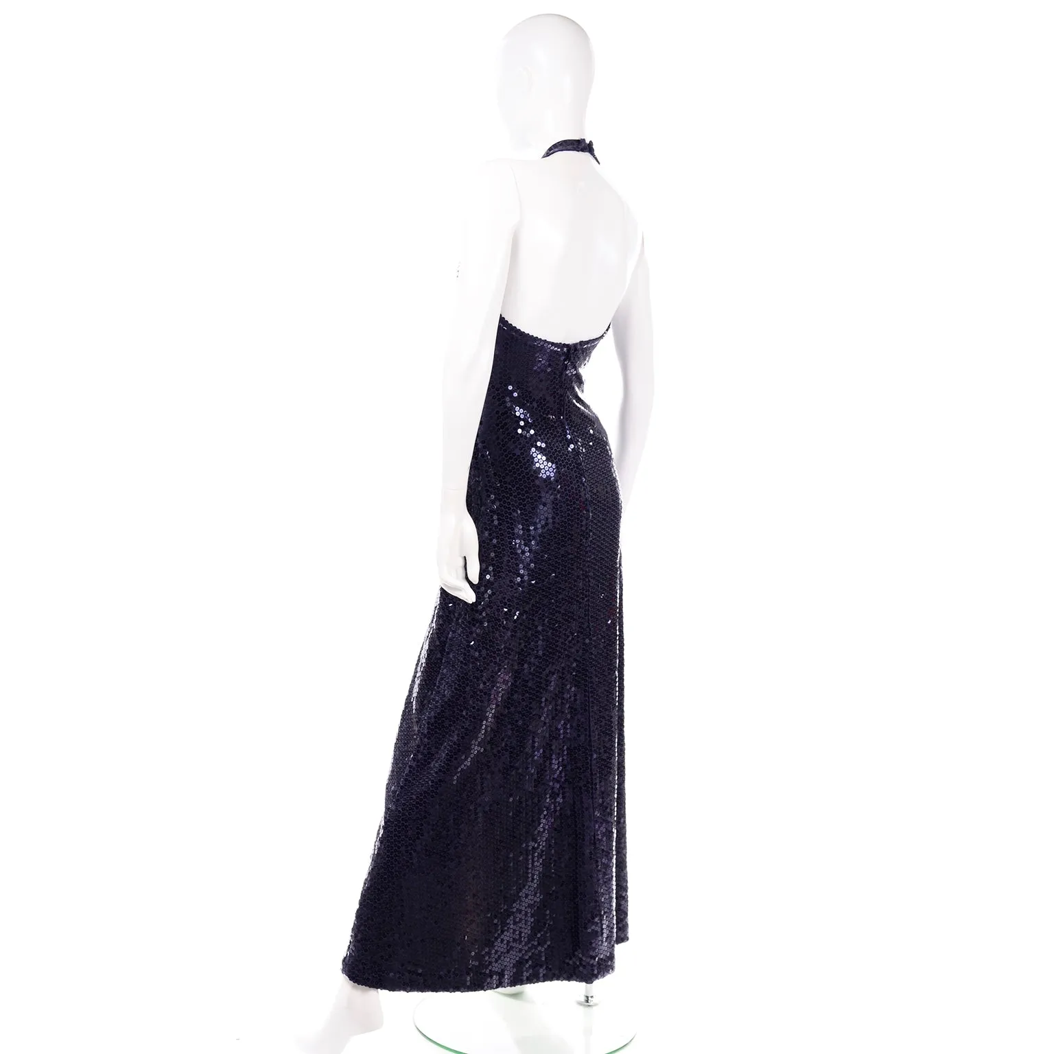 Vintage 1970s Blue Sequin Halter Evening Dress by Harold Levine