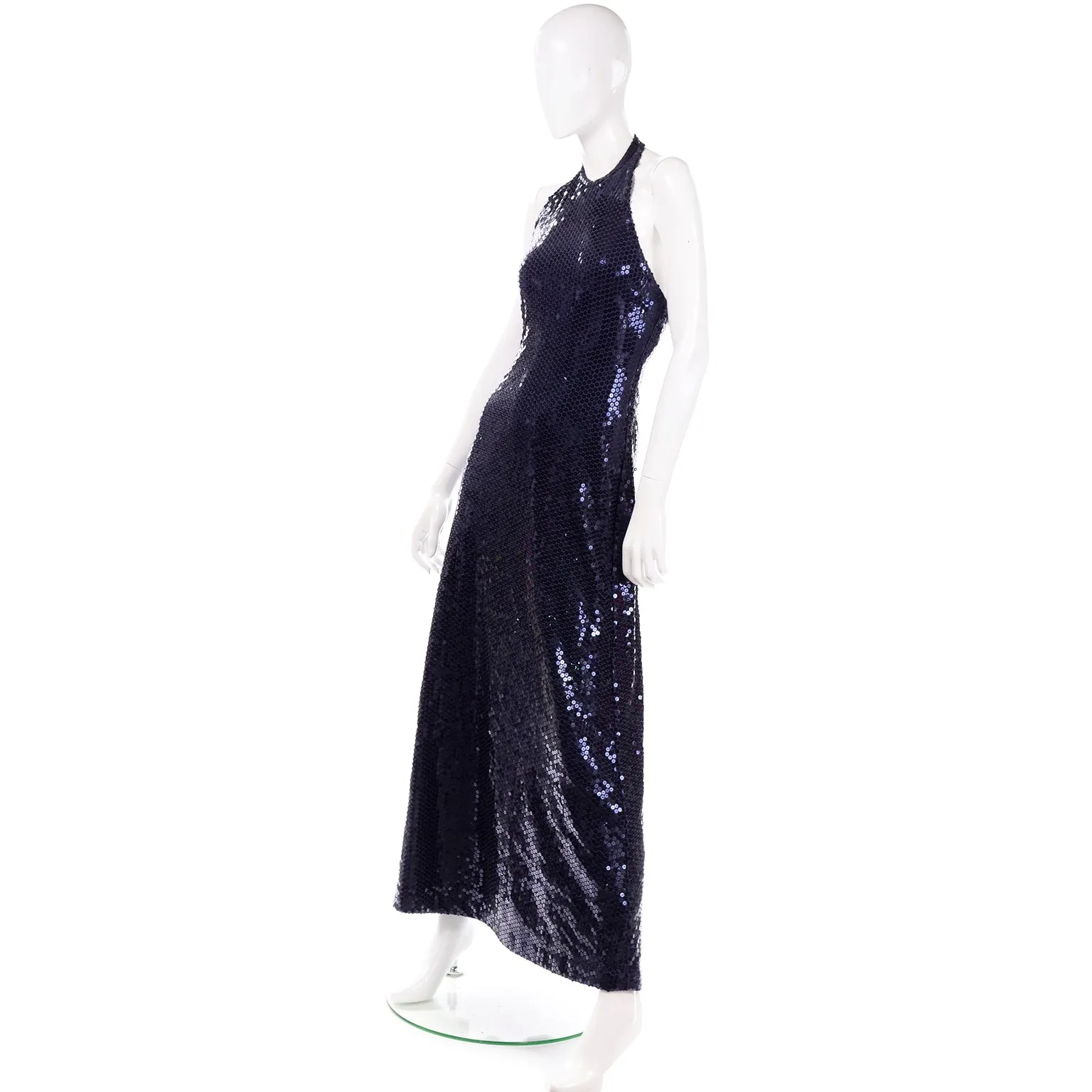 Vintage 1970s Blue Sequin Halter Evening Dress by Harold Levine