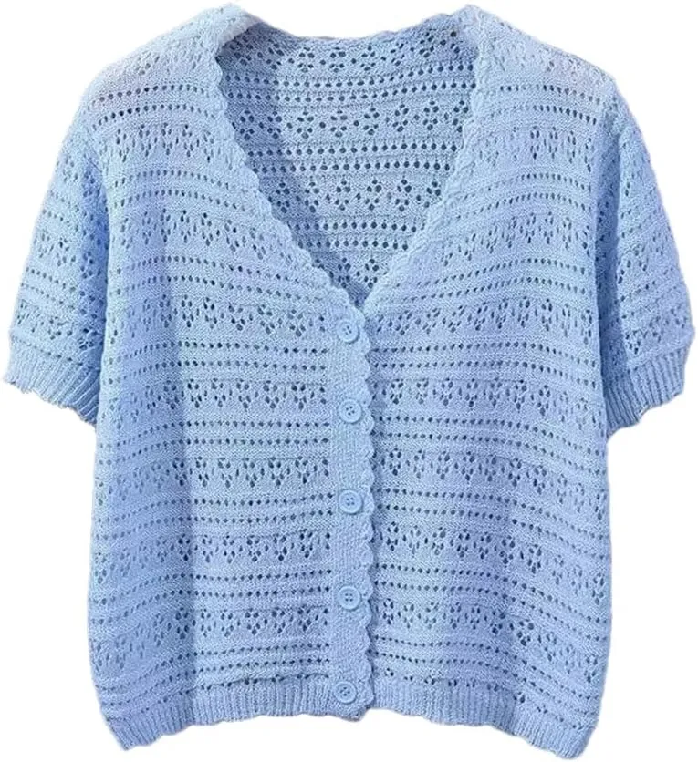 Women Thin Sectioned T-Shirt Ice Silk Cardigan Short Sleeve Knitted Top Women's V-Neck Blouses