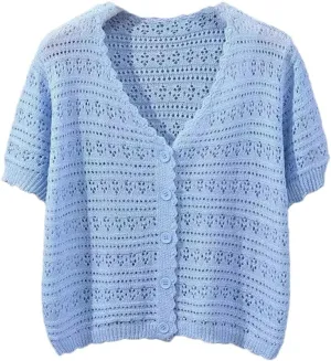 Women Thin Sectioned T-Shirt Ice Silk Cardigan Short Sleeve Knitted Top Women's V-Neck Blouses