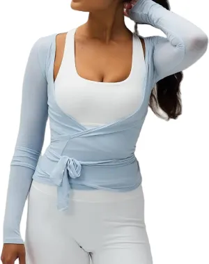 Women Y2k Tie Wrap Tops Deep V-Neck Ballet Tie Top Cross Wrap Tie Long Sleeve Yoga Workout T-Shirt Top