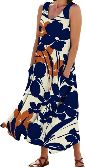 Womens Boho Dresses Sleeveless Floral Midi Dresses V-Neck Dress A Line Casual Flowy Beach Dress with Pocket for Women