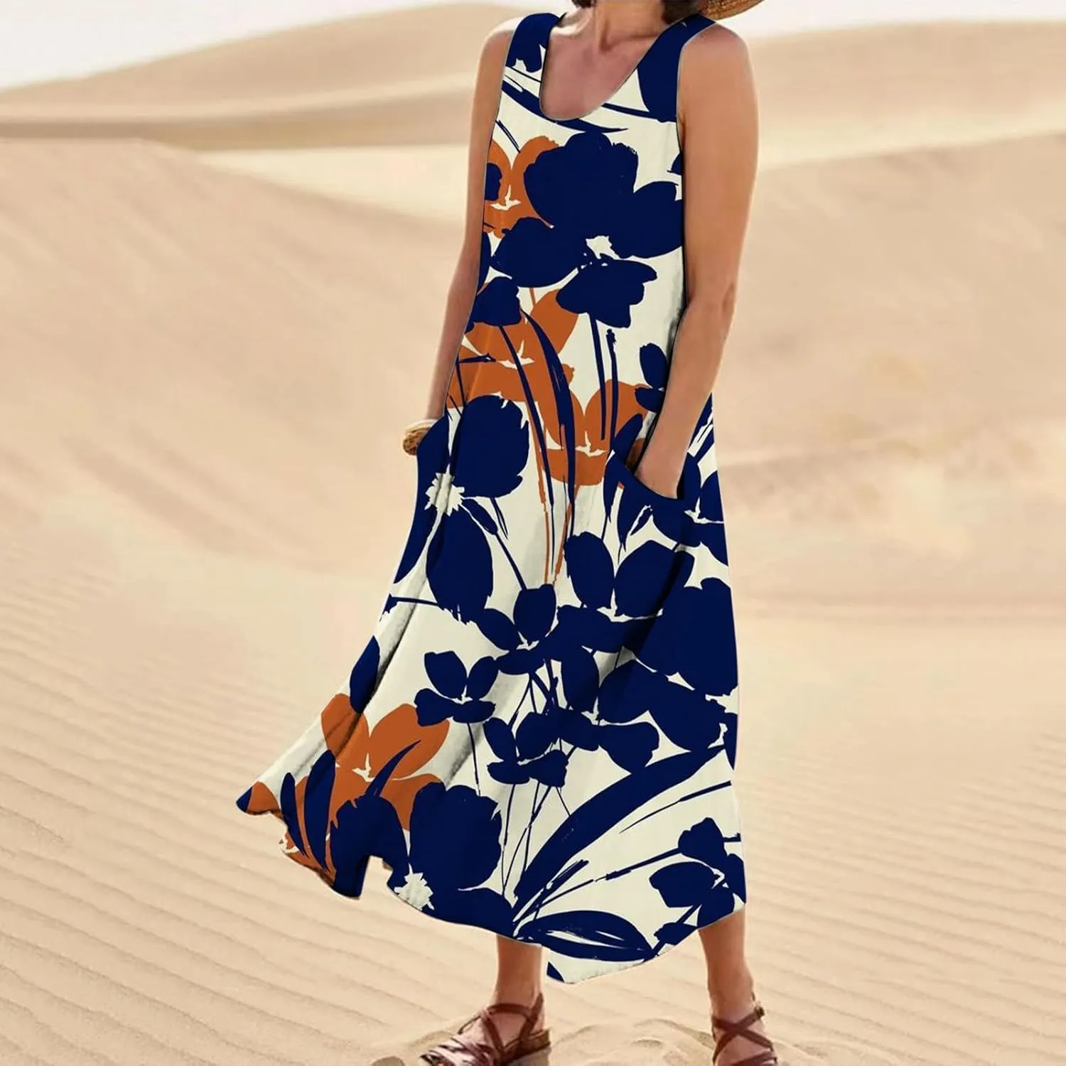 Womens Boho Dresses Sleeveless Floral Midi Dresses V-Neck Dress A Line Casual Flowy Beach Dress with Pocket for Women
