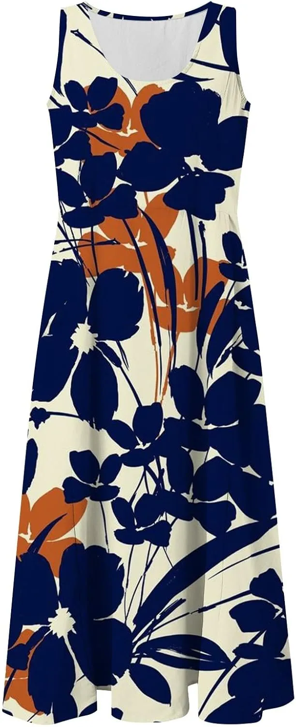 Womens Boho Dresses Sleeveless Floral Midi Dresses V-Neck Dress A Line Casual Flowy Beach Dress with Pocket for Women