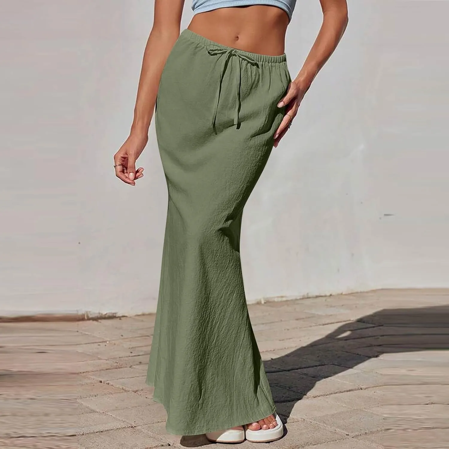Women's Boho Skirts Linen Flared Maxi Skirt with Back Slit-Elastic Waist Drawstring Long Flowy Skirt, S-2XL